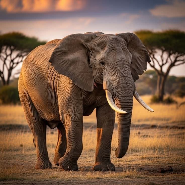 A lone bull elephant in warm evening light.